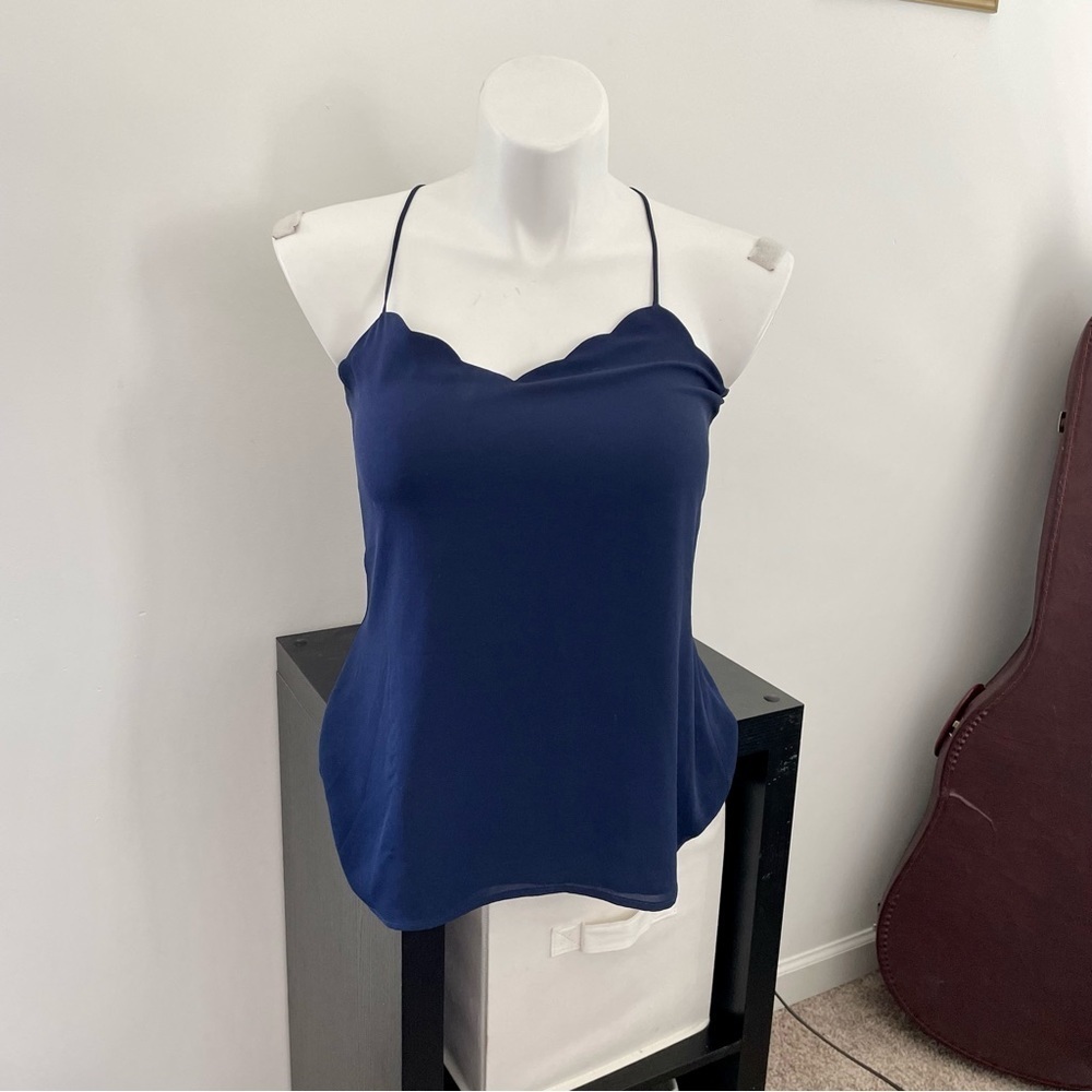 Navy Blue Scallop V-Neck Spaghetti Racer Back Blouse